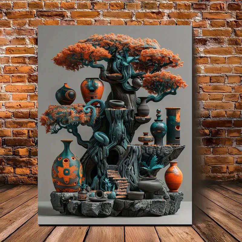 1pc Room Decor Abstract African Tree Sculpture Canvas Wall Art Wooden Framed Woven Unique Gift for H