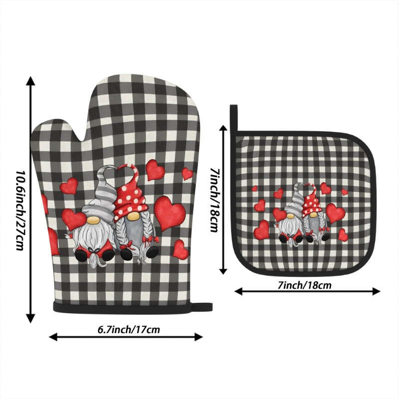 2pcs Valentine's Day Oven Mitts Potholders Heat-Resistant Black White Checkered with Red