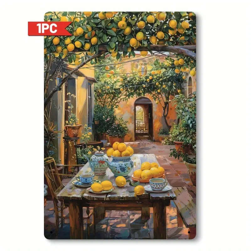 1pc Vintage Iron Sign Under the Lemon Tree 20.32x30.48cm Rustic Wall Art with Mediterranean-Style Sc