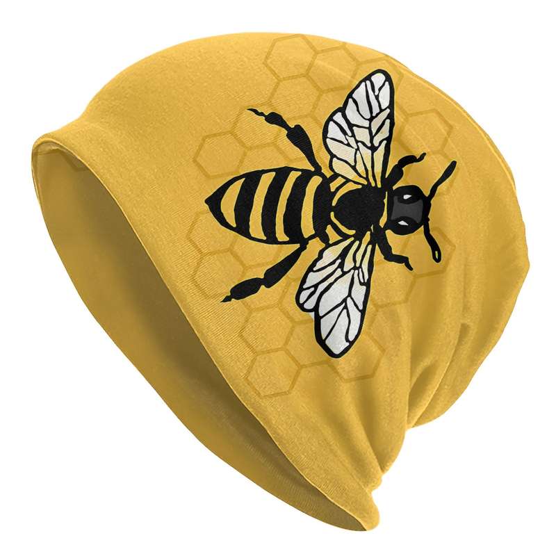 1pc 1 Mustard Yellow Bee-Themed Knit Skull Cap for Men Fashionable Stretchy Polyester Blend Bon