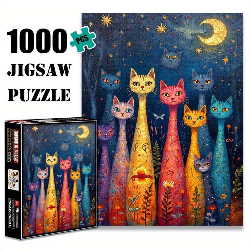 1000pcs Moonlit Cat Jigsaw Puzzle Whimsical Starry Night Scene with Colorful Cats