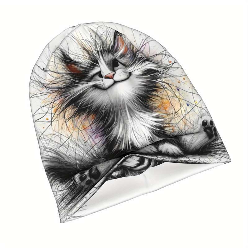 1pc Fashionable Cat-Themed Beanie for Men Stretchy Spandex Polyester Knit Novelty Skull Cap