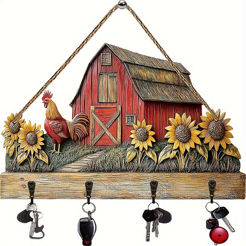 1pc Warm Sunflower Farm- Household Wooden Keychain( 29.97cm X 24.99cm) with Four Metal Hooks- Mult