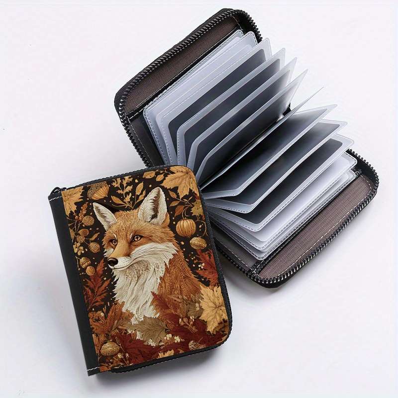 1pc Chic Autumn Fox Print Credit Card Holder 24 Slots Zippered Coin Purse ID Wallet for Men an