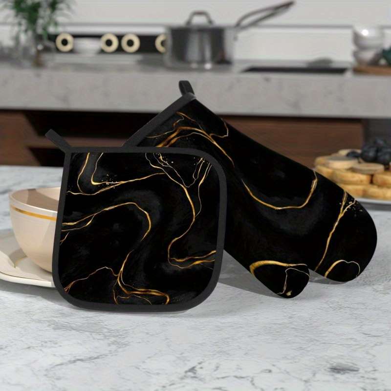 2pcs 26.92x17.02 cm Oven Mitts And Potholders Black Background Gold Line Texture Pattern Friend