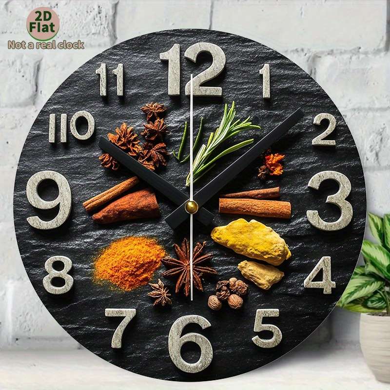 1pc 2D Flat Non-Real Clock Modern Spice-Themed Wall Clock with Black Glossy Stone Design Aluminum