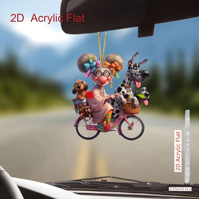1pc 2D Flat    Acrylic Charming Grandma Riding Bicycle with Dogs Rearview Mirror Decoration P