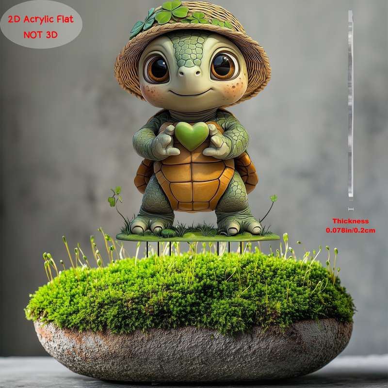 1pc 2D Flat    PrintingCute  Acrylic Turtle Garden Stake with Four Leaf Clover Vivi