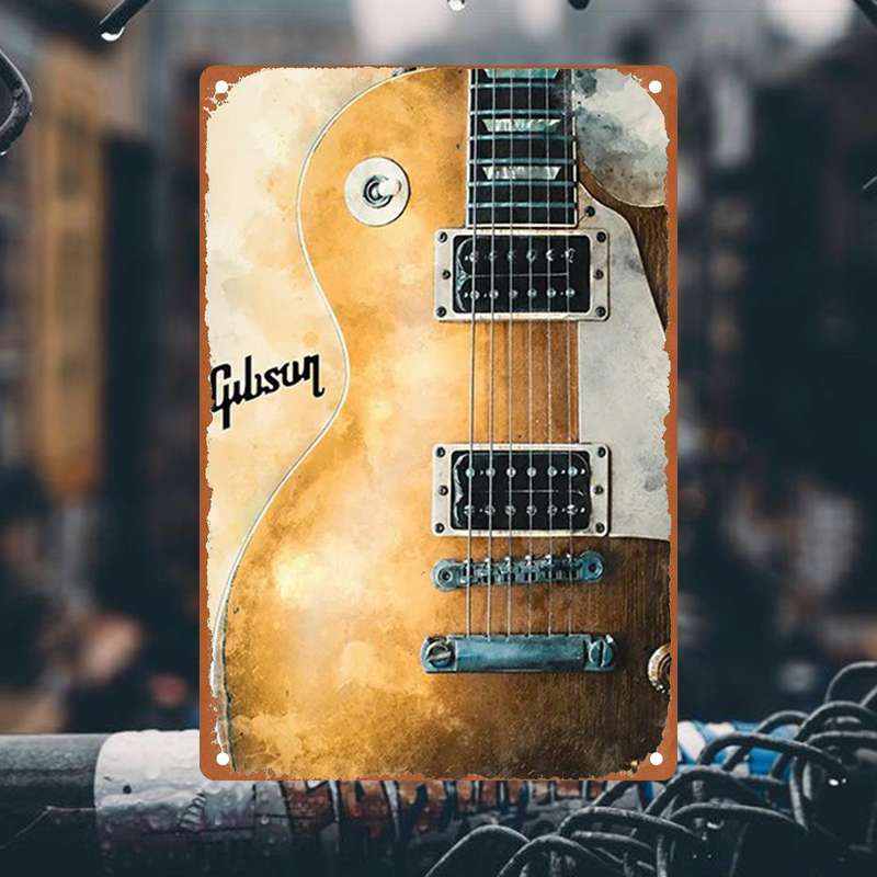 1pc Gibson Classic Sound Electric Guitar Art 20.07x30.23cm Iron Wall Decor Durable Metal Sign fo