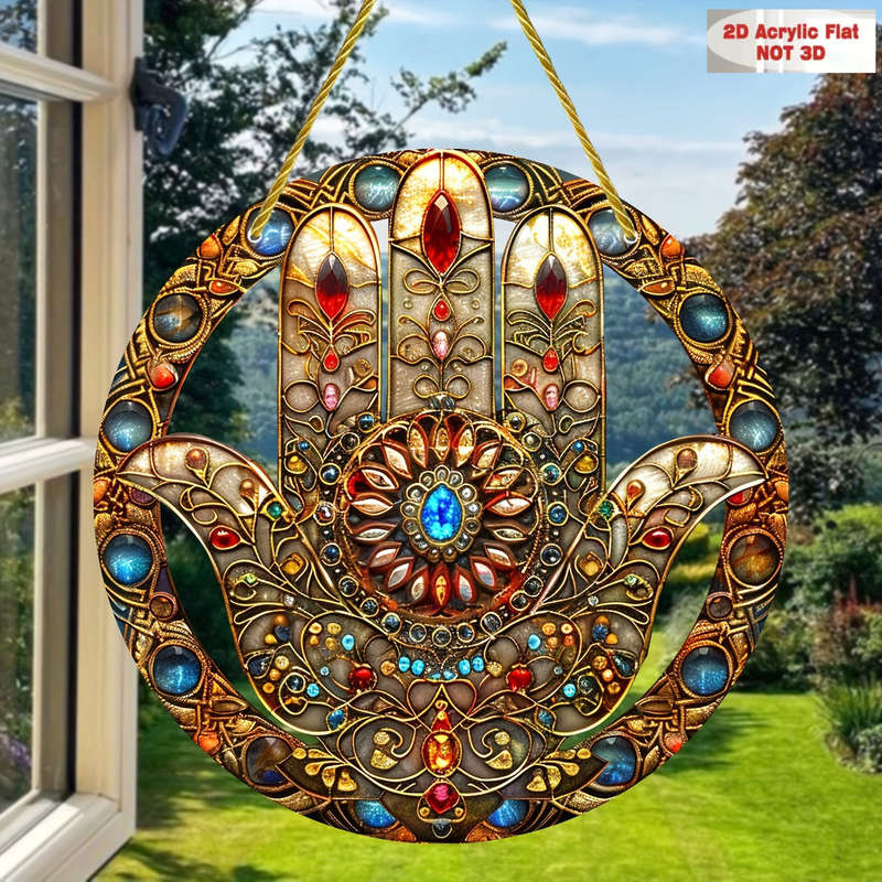 1pc 2D Flat  Bohemian Hamsa Hand Sun Catcher  Acrylic Window Hanging Decor with Colorful Staine