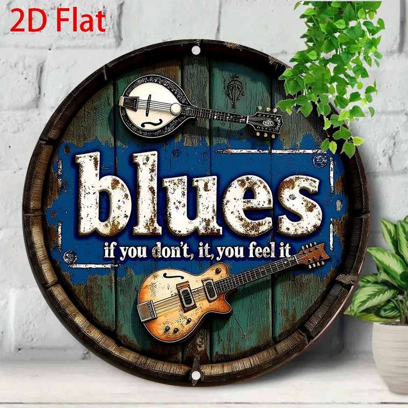 1pc Vintage Blues Music-Inspired 20.32x20.32 cm Metal Sign Rustic Blue Guitar Accordion Wall Ar