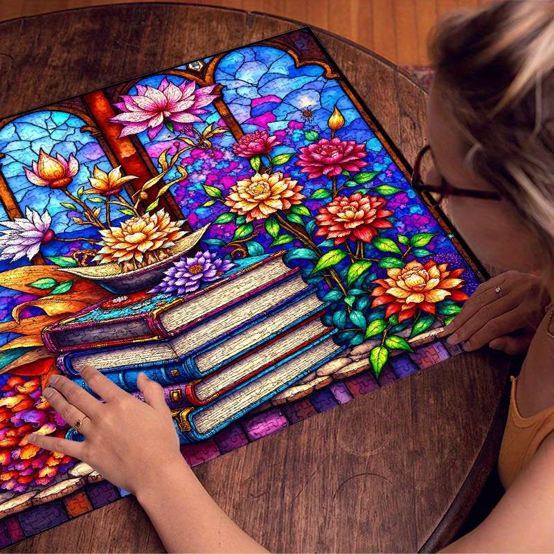 1000pcs Stained Glass Book Stack Jigsaw Puzzle for Adults Advanced Level Anti-Scr