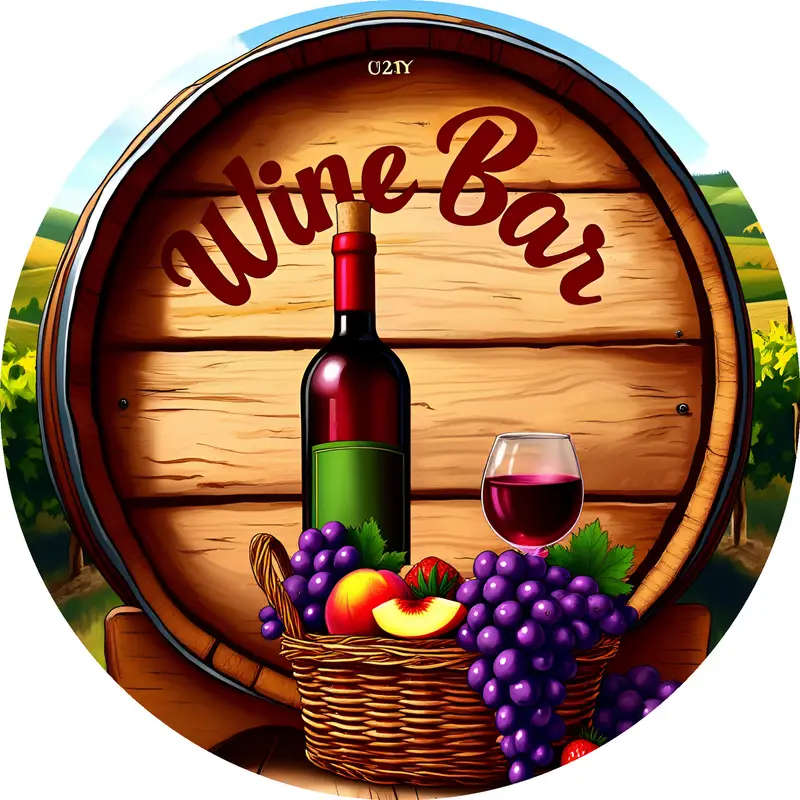 1pc Bottle of Wine And a Basket of Fruit in Front of a Wreath Sign 8-Inch Round Aluminum Sign Perfec