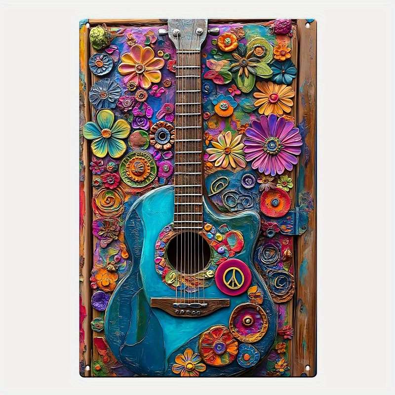1pc Vintage Hippie Guitar Aluminum Tin Sign 8x12 Inch 20x30cm No Electricity Required Wall-Mo