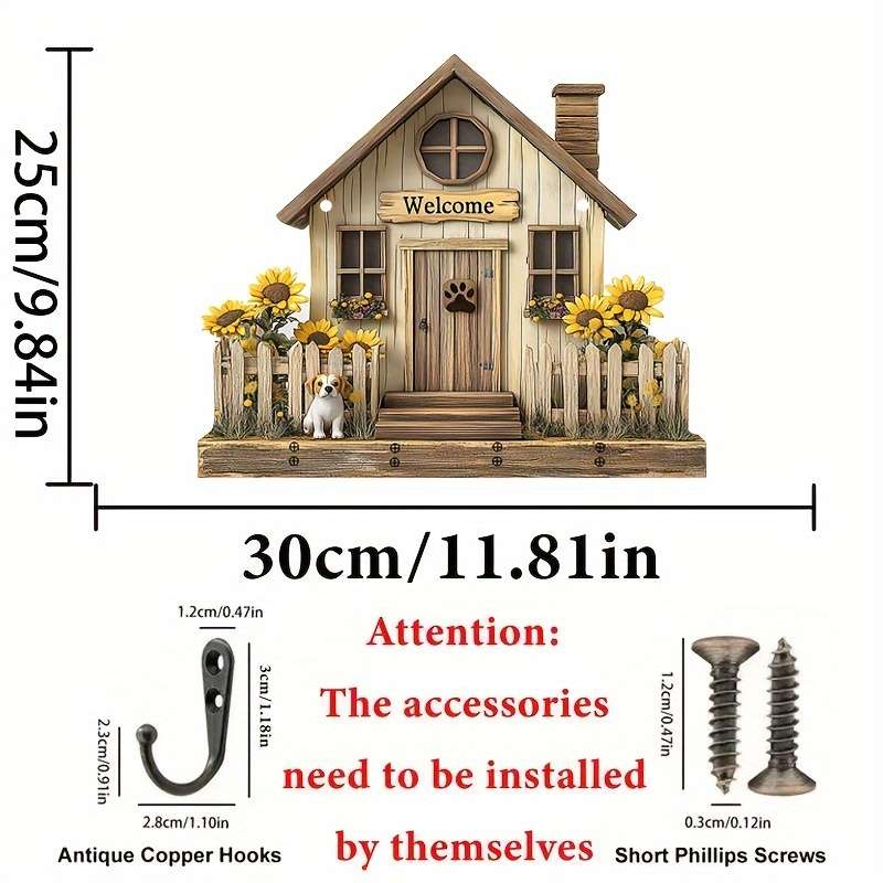 1pc Rustic Cottage  Dog Wooden Wall Art Key Holder with 4 Metal Hooks30.0cm x 24.99cm Farmhouse