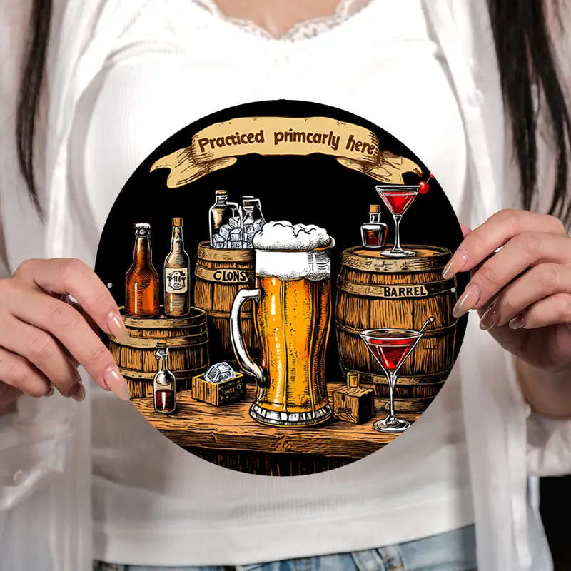 1pc Room Decor Practiced Primarily Here Round Aluminum Sign 20.32x20.32 cm Vintage Pub Decor Flat Pr