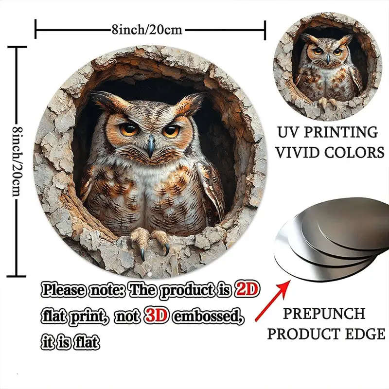 1pc Charming 20.32cm Vintage Owl Wall Art Decor Rustic 3D Embossed Aluminum Easy-to-Hang with Pre-Dr