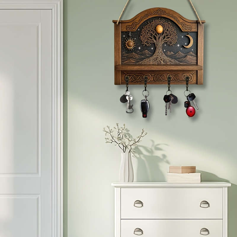 1pc Tree of Life Wall Art with Moon  Sun DesignTraditional Wooden Key Holder Organizer 30.0cm x