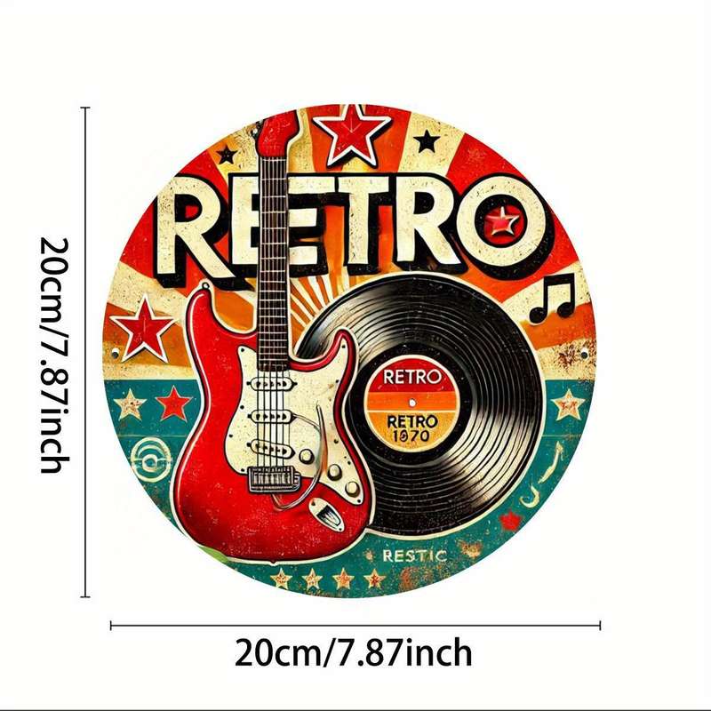 1pc Vintage Guitar and Vinyl Record Design 19.81 cm Round Iron Wreath Sign Vintage Style Wall Dec