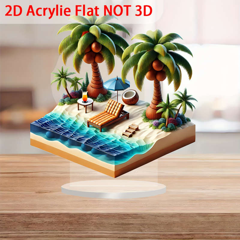 1pc 2D Flat  Vibrant Tropical Island  Acrylic Desk Decor Serene Beach Scene with Lounger Palm