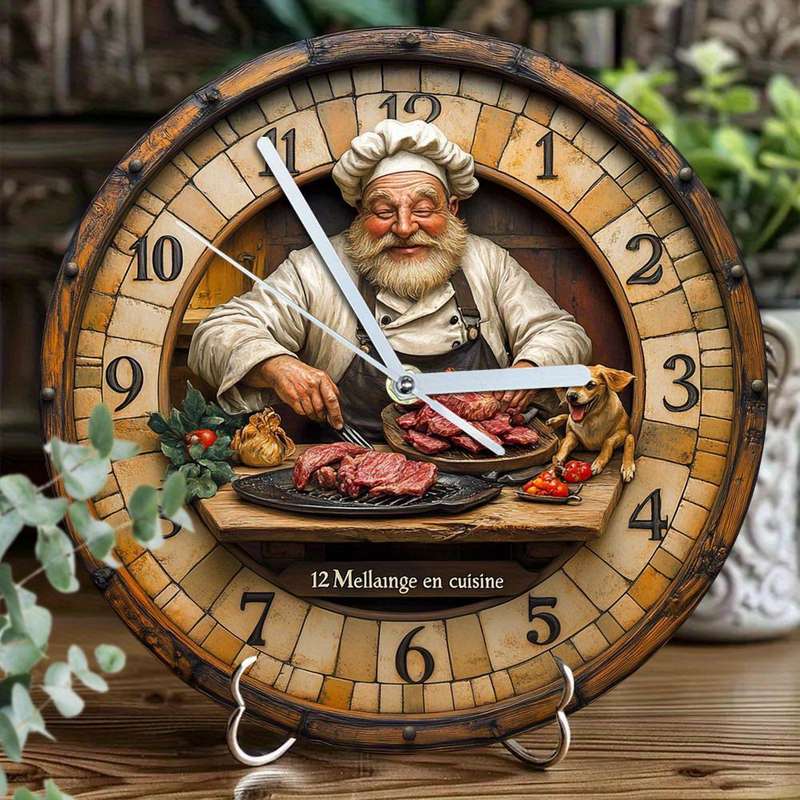 1pc Vintage Chef-Themed Wooden Wall Clock 24.89cm Round Silent Non-Ticking Timepiece Farmhouse Ki
