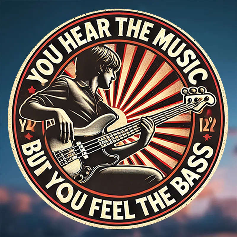 1pc Retro 8-Inch Round Metal Sign with Electric Bass Guitar Design 'You Hear the Music But You F