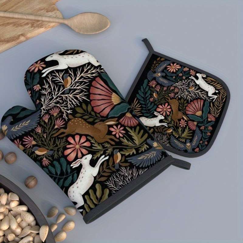 2pcs 26.92x17.02 cm Oven Mitts Pot Holders Rabbit twig flower Heat Resistant Oven Mitts And Pot