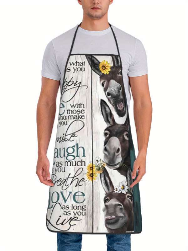 1pc Vintage-Style Donkey and Sheep Print Apron Rustic Farmhouse Kitchen Wear for Men and Women P