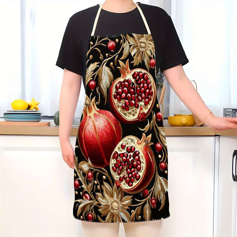1pc Elegant Pomegranate Golden Leaves Print Linen Apron 100% Linen Smooth Fabric Ideal fo