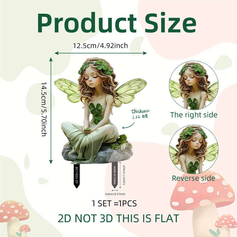 1pc 2D Flat Plants Theme Butterfly Wing Girl Four-Leaf Clover Design Garden Decor