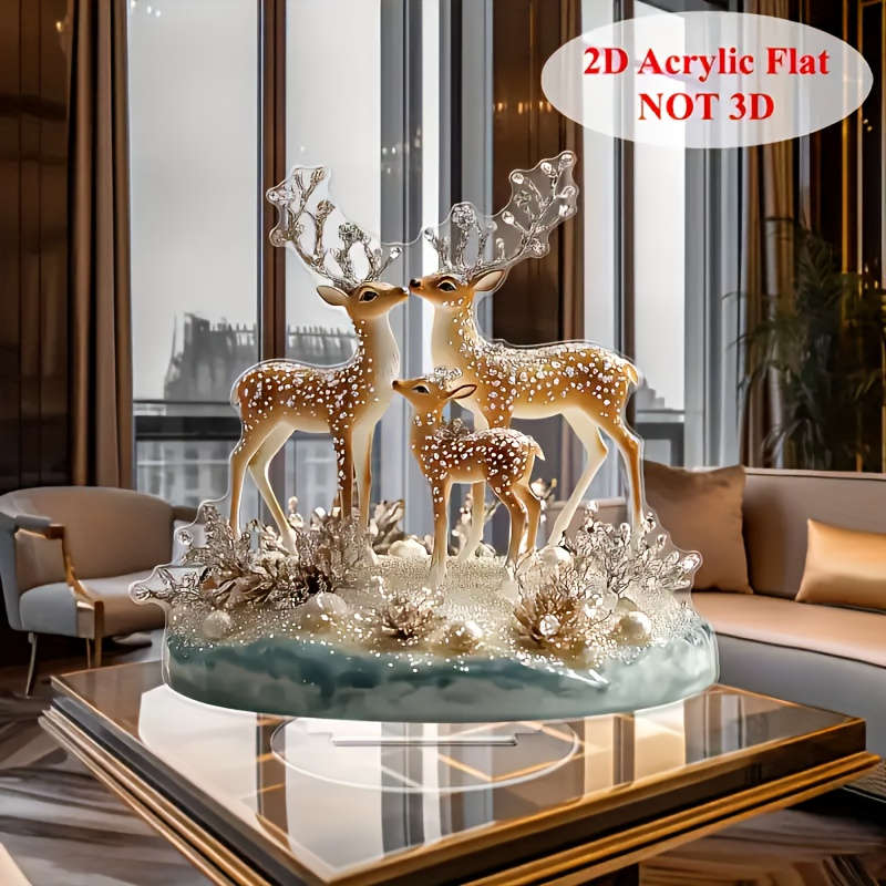 1pc 2D Flat  Elegant  Acrylic Deer Figurines Set of 3 Golden Glittery Antler Design Blue Go