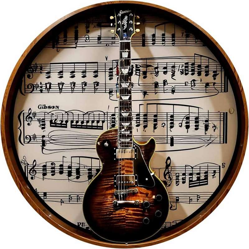 1pc  2D Flat Metal Round Aluminum Tin Sign Gibson Guitar Wall Art Retro Music Decor for Hom