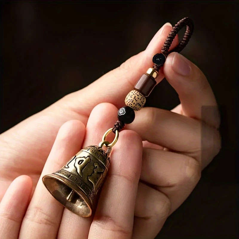 1Pc Vintage Brass Buddhism Mantra Bell Keychain Engraved Six Words Of Truth Fashionable Car Key Pend