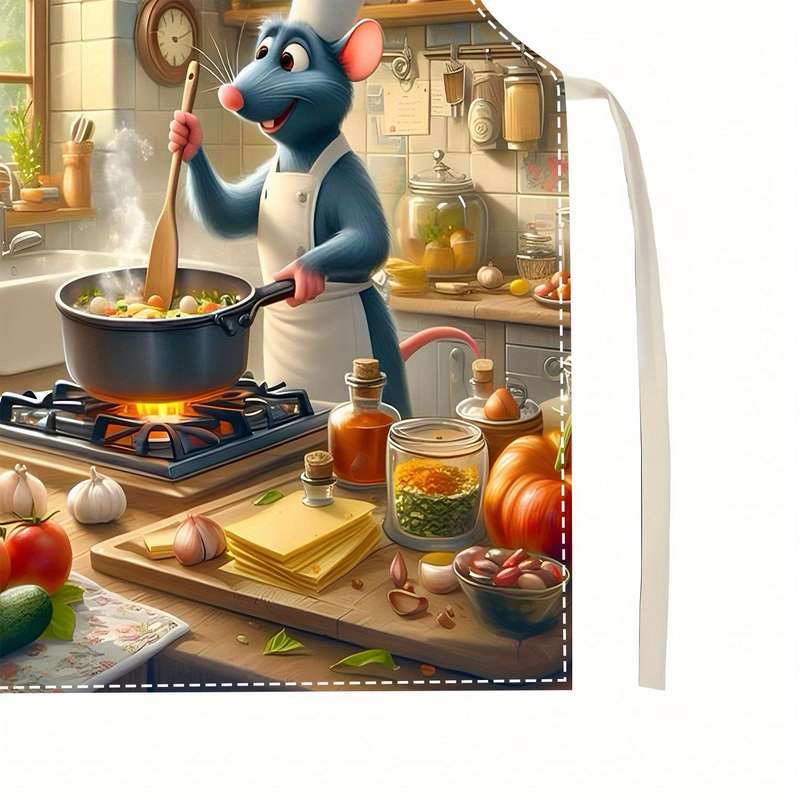 1pc Disney Ratatouille Cute Cartoon Apron Linen Print Vibrant Kitchen Scene Design Perfect