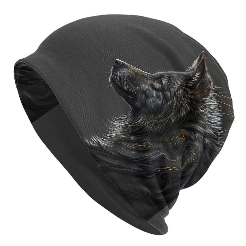 1pc Hip Hop Beanie Hat with Night Moon Wolf Greeting Skull Cap Design Fashionable Knit Polyester a