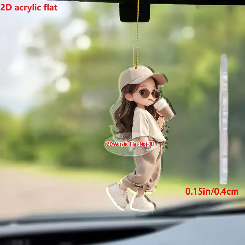1pc 2D Flat  Acrylic Hanging Ornament Cute Girl with Coffee Design Perfect for Car Keychain Bac