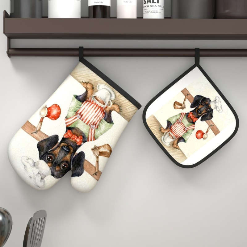 2pcs Cute Dog Chef Cartoon Oven Mitts and Pot Holders Heat Resistant Polyester Machine Wash