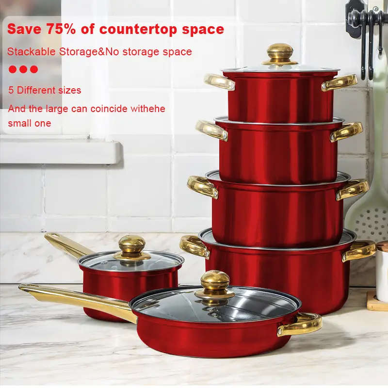 12-Piece Red Stainless Steel Frying Pan Set with Lids