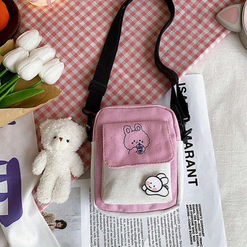 1pc Cute Bunny Canvas Crossbody Bag for Girls Simple Shoulder Messenger with Color-Block Desi