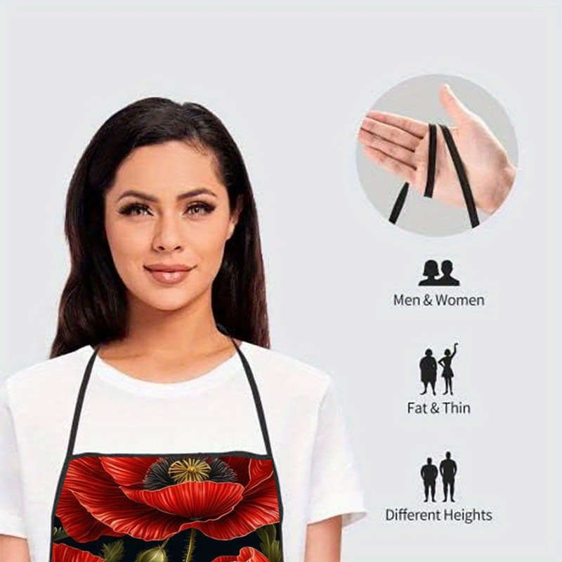 1pc Mother's Day Red Poppies Print Sleeveless Polyester Apron Vibrant Floral Design with Gree