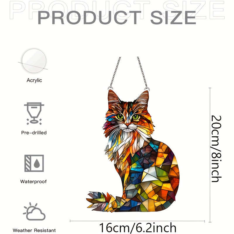 1pc 2D Flat   Acrylic Colorful Long-Haired Cat Sun Catcher 6.2x8 Inches Vibrant Mosaic Wall Ar