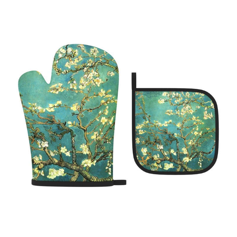 2pcs Heat-Resistant Oven Mitts with Apricot Tree Branch Design 26.92x17.02 cm Polyester Kitch