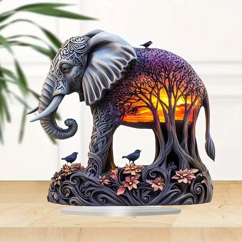 1pc 2D Flat Bohemian Sunset And Forest Elephant Decorations Acrylic Material Tabletop Boho Style