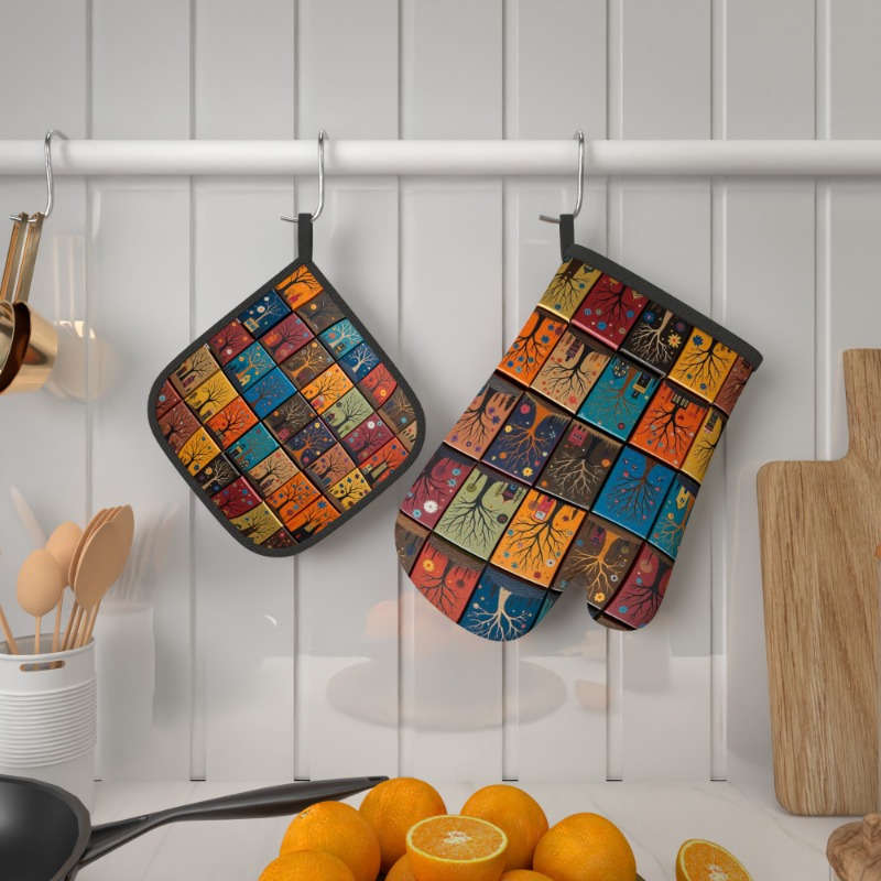 2pcs Colorful Tree Art Heat Resistant Oven Mitts and Pot Holders 26.92x17.02 cm Vibrant Patc