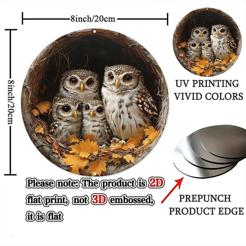 1pc Vintage Owl Family 3D Embossed Aluminum Wall Art 20.32x20.32cm Pre-Drilled for Easy Hanging Anim