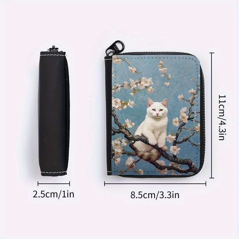 1pc Street Style Faux Leather Wallet with Geometric Cat on Tree Print Lightweight Unlined Zip