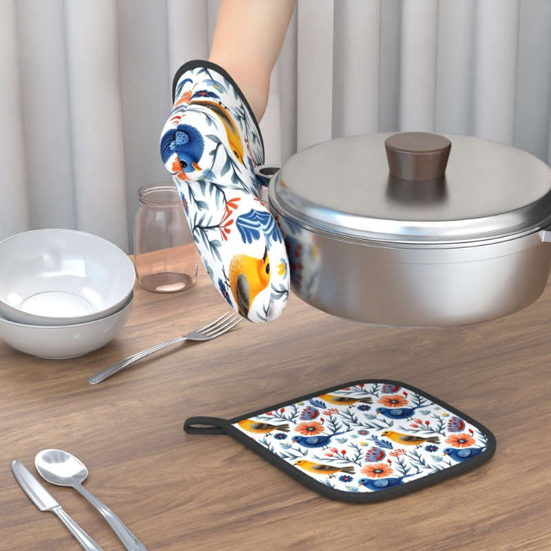 2pcs Floral Bird Design Heat-Resistant Oven Mitts 26.92x17.02 cm Colorful Polyester Kitche