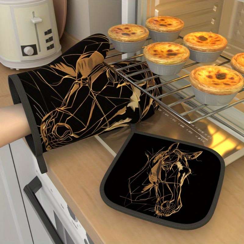 2pcs Golden Horse Sketch Oven Mitts Potholders Heat Resistant Non-Slip Kitchen Gloves for