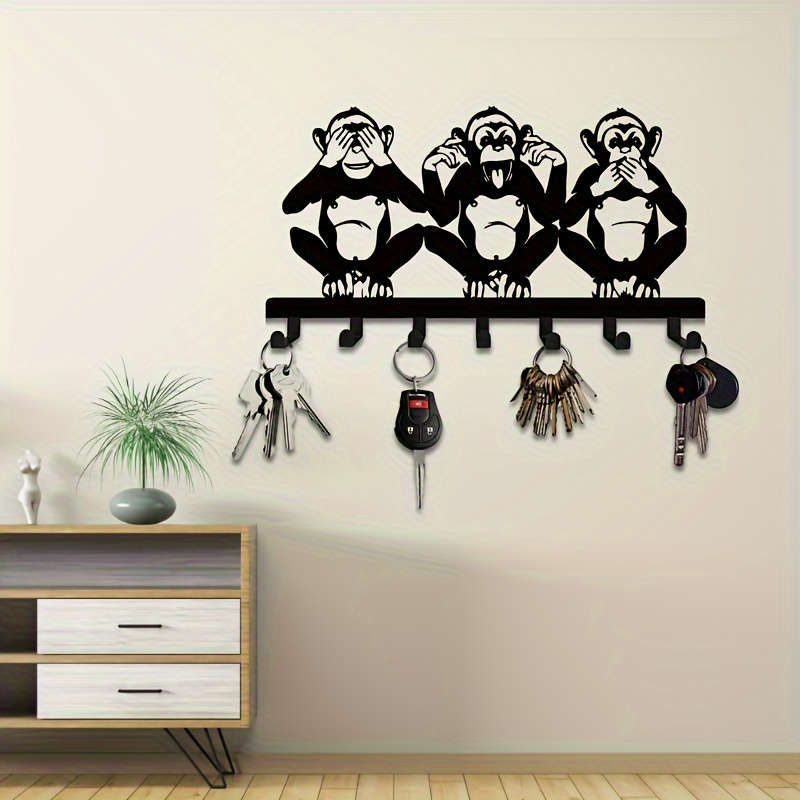 Charming Three Monkeys Metal Wall Art with Key HookEasy to Install Suitable for Jacket