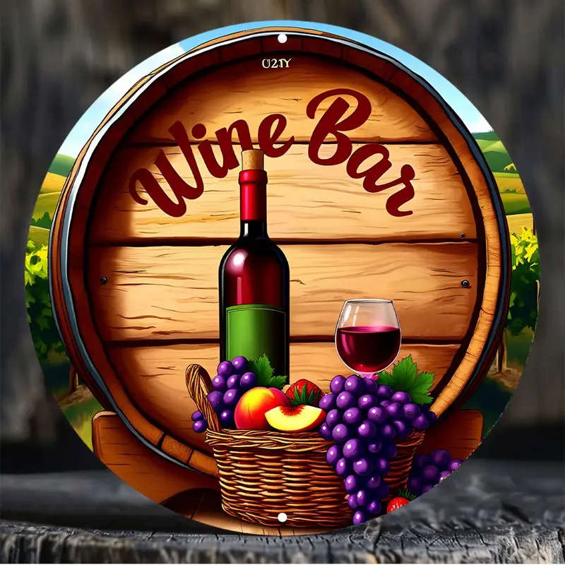 1pc Bottle of Wine And a Basket of Fruit in Front of a Wreath Sign 8-Inch Round Aluminum Sign Perfec